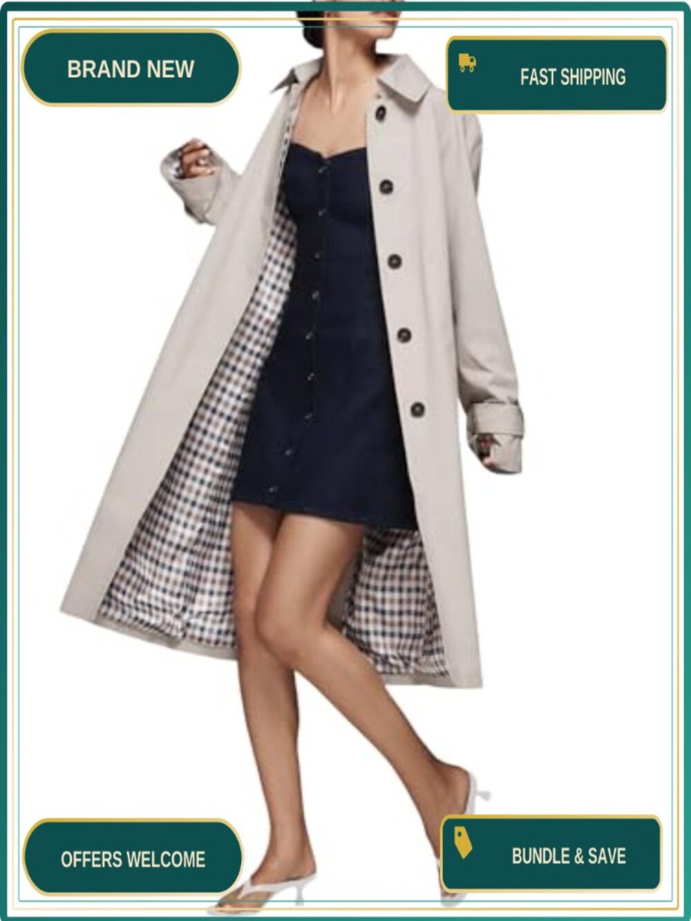 Women's Trench Coat Single Breasted Long Overcoat Plaid Lined Windproof